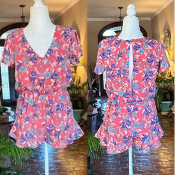 Everly Floral Lined Flutter Sleeve Open Back Boho Romper size S - Picture 13 of 14